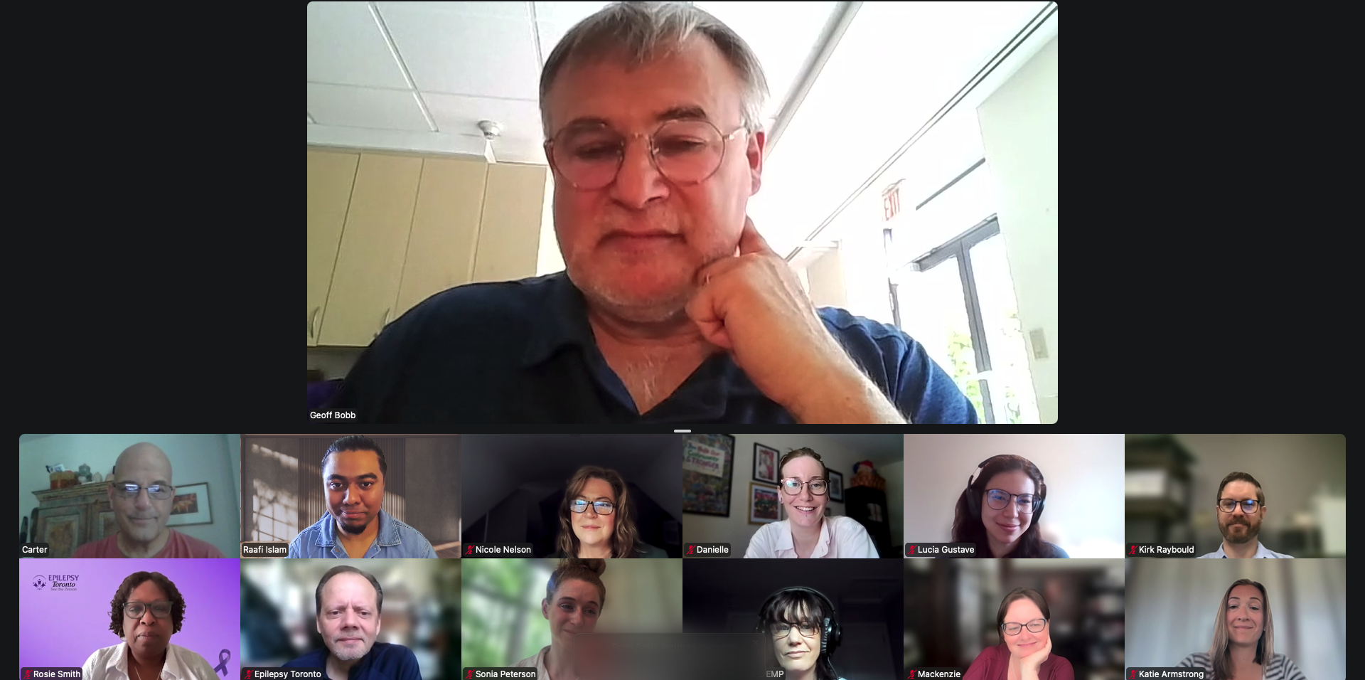 A video call with the board and staff of Epilepsy Toronto, thirteen participants on screen, during the meeting where REMEMBR was presented.