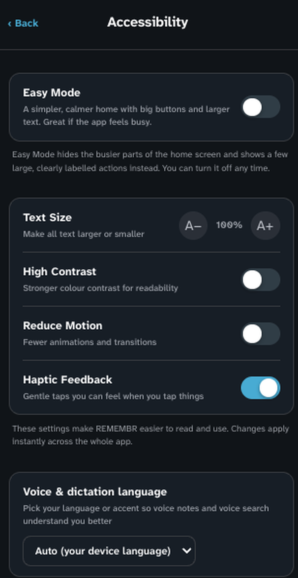 REMEMBR's Accessibility settings panel. Labelled toggles for Easy Mode, High Contrast, Reduce Motion and Haptic Feedback, a Text Size control set to 100 percent, and a Voice and dictation language selector.