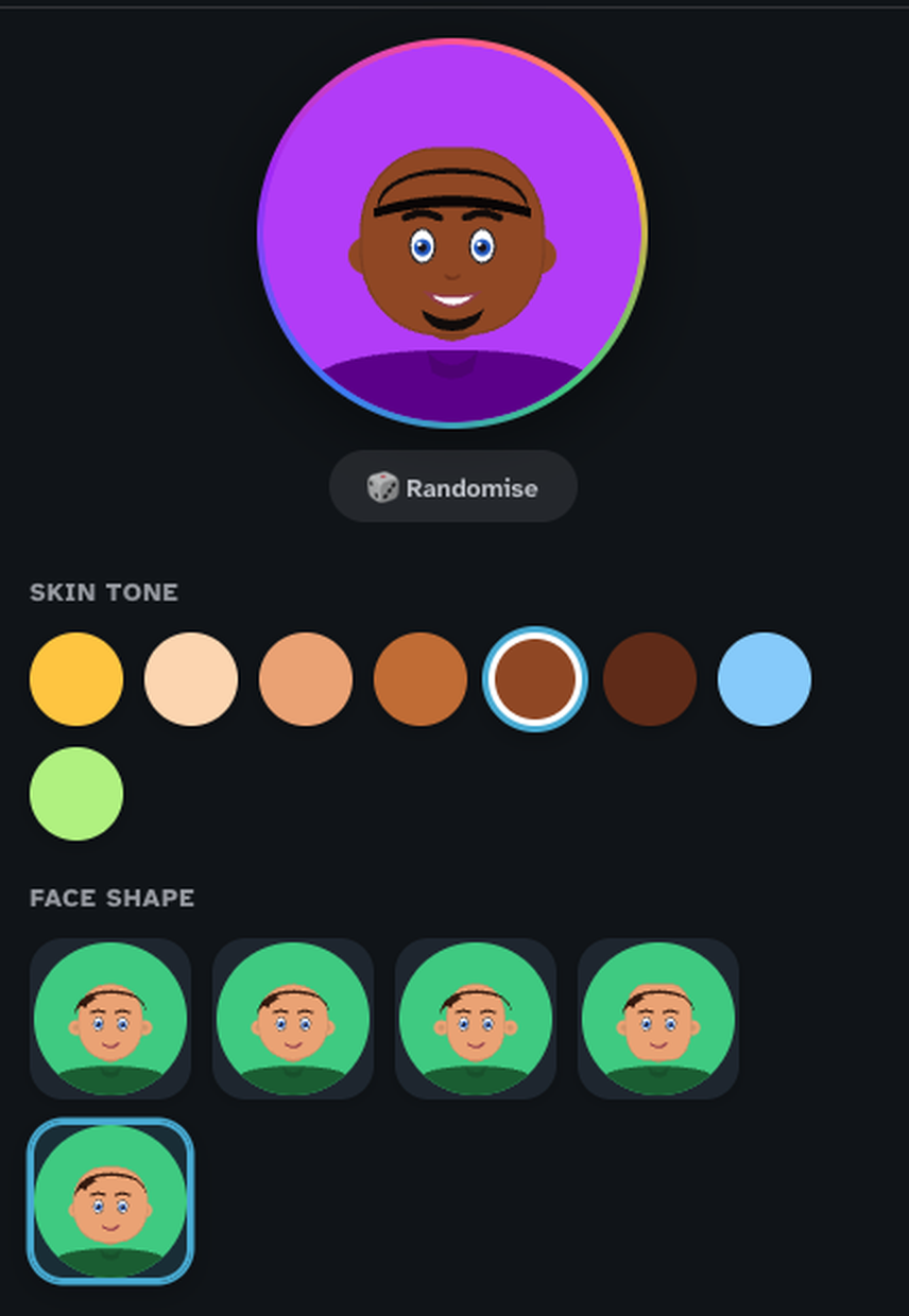 REMEMBR's avatar creator. A large illustrated face preview sits above a Randomise button, a row of eight selectable skin tone swatches, and a grid of five face shape options with the last one selected.