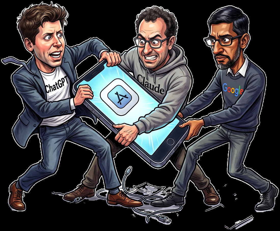 Illustration of three cartoon figures in a tug of war over a large phone showing an app icon. One wears a ChatGPT t-shirt, one a Claude hoodie, one a Google sweater, with loose papers and a USB cable scattered on the floor.